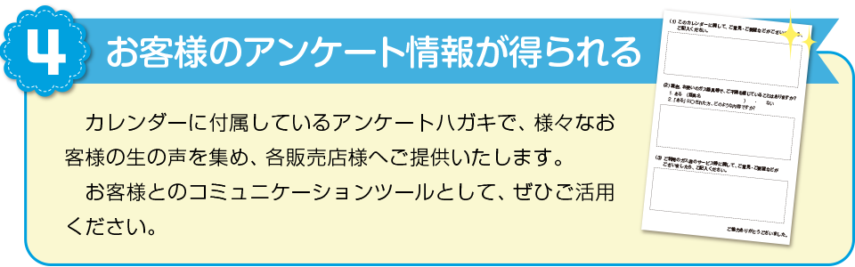 メリット４　お客様のアンケート情報が得られる　カレンダーに付属しているアンケートハガキで様々なお客様の生の声を集め、各販売店様へご提供いたします。お客様とのコミュニケーションツールとして、ぜひご活用ください。